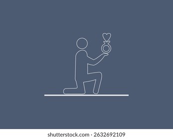 line drawing of a person on one knee, holding up a ring with a heart on top, set against a dark blue background