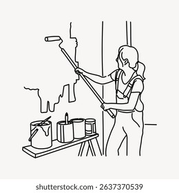 Line drawing of a person painting a wall with a roller. Several paint cans are on a table. The person is wearing overalls and has long hair tied back. Person, character illustration vector.
