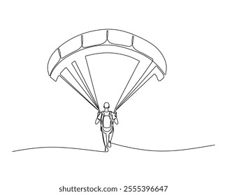 a line drawing of a person with a parachute, seen from the back, either walking or running on a curved surface with the parachute open above them. Ideal for adventure, sport, and outdoor themes