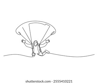 line drawing of a person parachuting with arms outstretched, holding onto the parachute cords, and legs bent as if landing. The open parachute canopy above captures the dynamic and adventurous moment