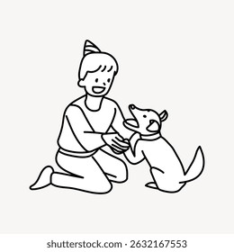 Line drawing of a person with a party hat playing with a dog. The person is kneeling, smiling, and interacting with the dog, showing joy and companionship. Person, character illustration vector.