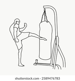 Line drawing of a person practicing martial arts, kicking a punching bag. The illustration captures movement and strength in a simple, dynamic style. Line art illustration vector.