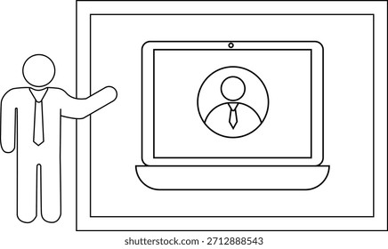 Dibujo de línea de una persona que se presenta a otra en una pantalla de computadora portátil enmarcada dentro de un Grande rectángulo