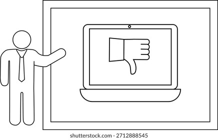 Dibujo de línea de una persona que presenta una computadora con un icono de pulgar hacia abajo