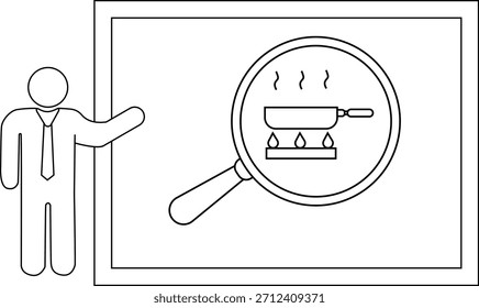 Desenho em linha de uma pessoa que apresenta uma cena de cozinha com uma lupa