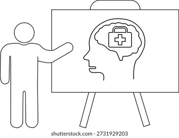 Desenho de linha da pessoa que apresenta a imagem do kit de primeiros socorros cerebrais da cabeça do cavalete