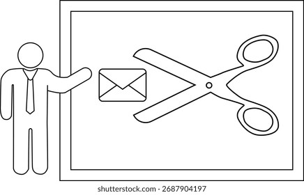 Line drawing of a person presenting envelopescissors graphic in a frame