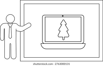 Line drawing of a person presenting a laptop showing a Christmas tree on the screen within a framed background