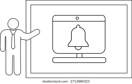 Linienzeichnung Person präsentiert Bildschirm Anzeige Benachrichtigung Glocke Symbol