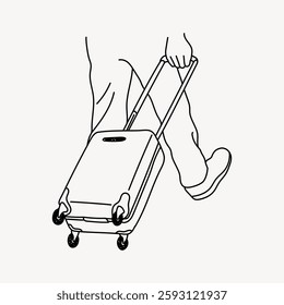 Line drawing of a person pulling a suitcase. Simple illustration of travel, luggage, and movement. Minimalist design of suitcase and traveler. Vector illustration.
