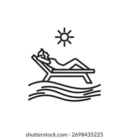 Um desenho de linha de uma pessoa relaxando em uma cadeira de praia sob o sol. A pessoa está deitada e curtindo as férias de verão. O mar está calmo e o céu está limpo.
