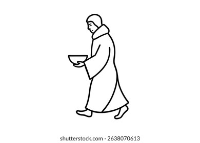 Line drawing of person in robe carrying bowl
