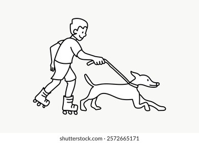 Line drawing of a person rollerblading with a dog on a leash. Rollerblading with a dog. Simple outline of rollerblading and dog walking. Doodle vector illustration isolated on white.