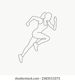 Line drawing of a person running. Simple outline of a runner in motion. Minimalist sketch of an athlete sprinting. Dynamic running pose illustration. Aesthetic woman illustration vector.