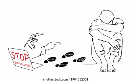 a line drawing of a person sitting on the floor and struggling because of cyberbullying. hands pointing from a laptop screen on social media pose a threat to the victim, a black mark with words of abu