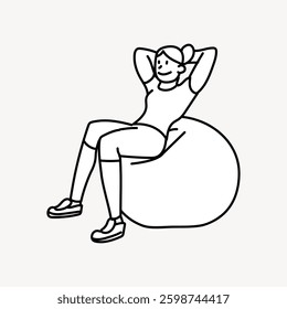 Line drawing of a person sitting on a bean bag, hands behind head, relaxed pose. Simple illustration, casual and comfortable vibe, minimalistic style. Vector illustration.
