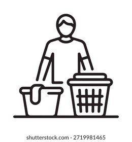 Line drawing of a person sorting recycling with bins and containers