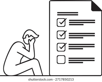 Un dibujo de línea de una persona pensando mientras está sentada junto a una lista de verificación con algunos elementos revisados.