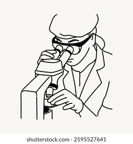 Line drawing of a person using a microscope, wearing a lab coat and glasses. Focus on scientific research, lab work, and microscope usage. Doodle illustration vector.