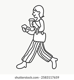 Line drawing of a person walking, holding a coffee cup and phone, wearing striped pants and carrying a bag. Simple and modern illustration style. Aesthetic woman illustration vector.