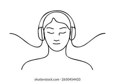 Line drawing a person wearing headphones with closed eyes on a listening music