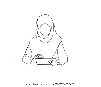 Line drawing of a person wearing a hijab, sitting at a table and interacting with a tablet, symbolizing modern technology use and inclusivity.