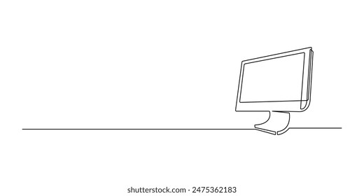 Line drawing of a personal computer. Computer monitor continuous line on a white background. Vector illustration