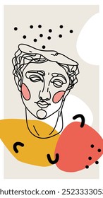 a line drawing of a person's head, adorned with black dots and surrounded by bold, colorful shapes in shades of yellow, red, and white.
