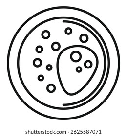 Desenho de linha de uma análise de placa de petri mostrando bactérias crescendo em um experimento de laboratório de biologia