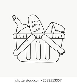 Line drawing of a picnic basket with a bottle, bread, and a box. Simple, minimalistic design. Ideal for food, picnic, and basket-themed projects. Simple line art vector.