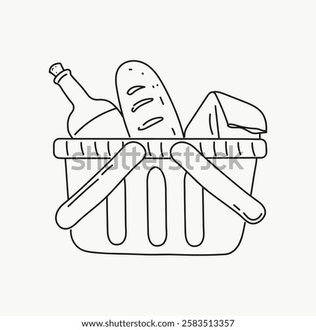 Line drawing of a picnic basket with a bottle, bread, and a box. Simple, minimalistic design. Ideal for food, picnic, and basket-themed projects. Simple line art vector.