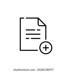 Line drawing of a piece of paper with a plus sign next to it. Pixel perfect, editable stroke icon