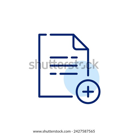 Line drawing of a piece of paper with a plus sign next to it. Pixel perfect, editable stroke icon