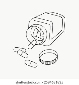 Line drawing of a pill bottle with capsules spilling out. Open pill bottle with capsules. Simple line art of capsules and bottle. Minimalist capsule illustration. Line art illustration vector.
