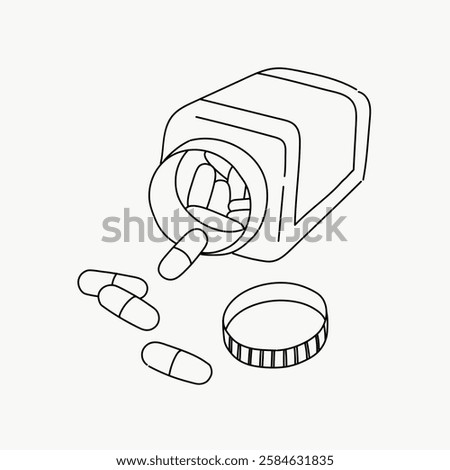 Line drawing of a pill bottle with capsules spilling out. Open pill bottle with capsules. Simple line art of capsules and bottle. Minimalist capsule illustration. Line art illustration vector.