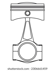 Dibujo en línea de un pistón de un motor de gasolina o diésel con la varilla de conexión en su sitio aislado sobre un fondo blanco