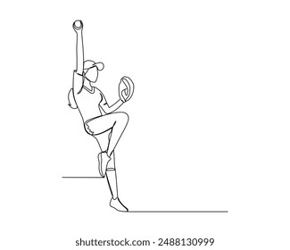 Line drawing of a pitcher baseball player in pose of throwing a ball.outdoor sport activity in a simple hand drawn style illustration.  