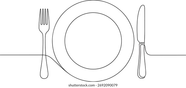 Desenho de linha de definição de lugar, linha preta contínua Arte de placa, garfo e faca