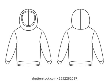 Line drawing of a plain hoodie with no pocket, showcasing front and back views with a round hood.