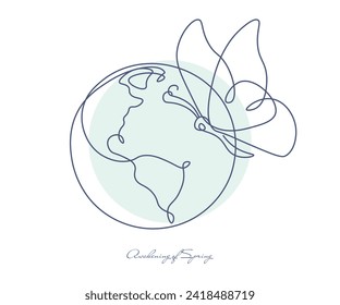 Line drawing, planet, globe, earth, spring is coming, the planet is blooming, environmentally friendly nature.