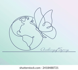 Line drawing, planet, globe, earth, spring is coming, the planet is blooming, environmentally friendly nature.
