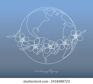Line drawing, planet, globe, earth, spring is coming, the planet is blooming, environmentally friendly nature.