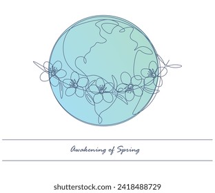 Line drawing, planet, globe, earth, spring is coming, the planet is blooming, environmentally friendly nature.