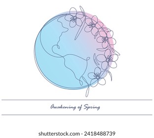 Line drawing, planet, globe, earth, spring is coming, the planet is blooming, environmentally friendly nature.