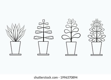 Line drawing plants in pots on long background