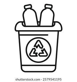 Line drawing of plastic bottles being recycled in a container with the recycling symbol on the front