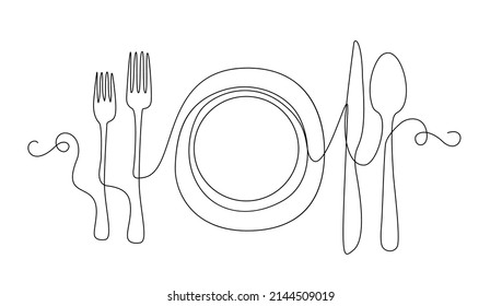 Strichzeichnung, Löffel, Khife, Gabel. Einmalgezeichnete Utensilien, Linienkunst, Strangeres Monoline-Zeichengeschirr, ein Logo der Linie, lineare Vektorgrafik