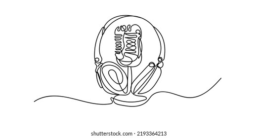 Line Drawing Of Podcast Equipment .continuous Line Of Condenser Mic And Headphones