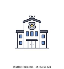A Line Drawing of a Police Building With a badage on the Top.
