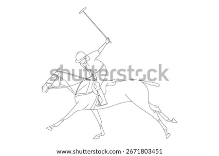 Line drawing of polo player riding a horse and swinging mallet during game